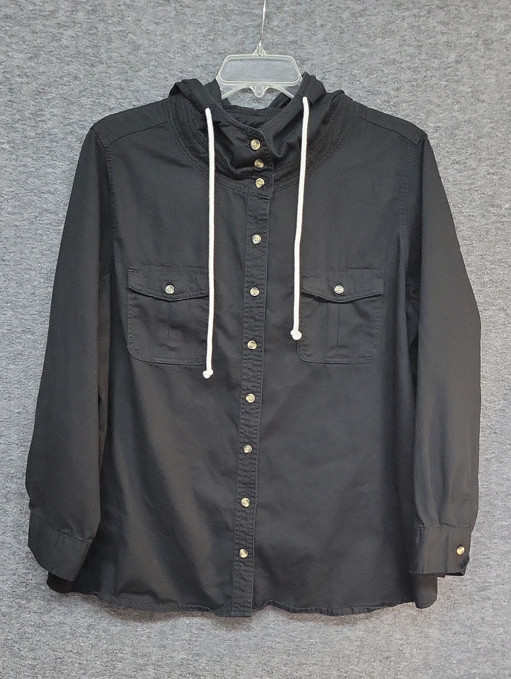Roaman’s Black Hooded Utility Jacket Shirt Button Up Plus Size 22W